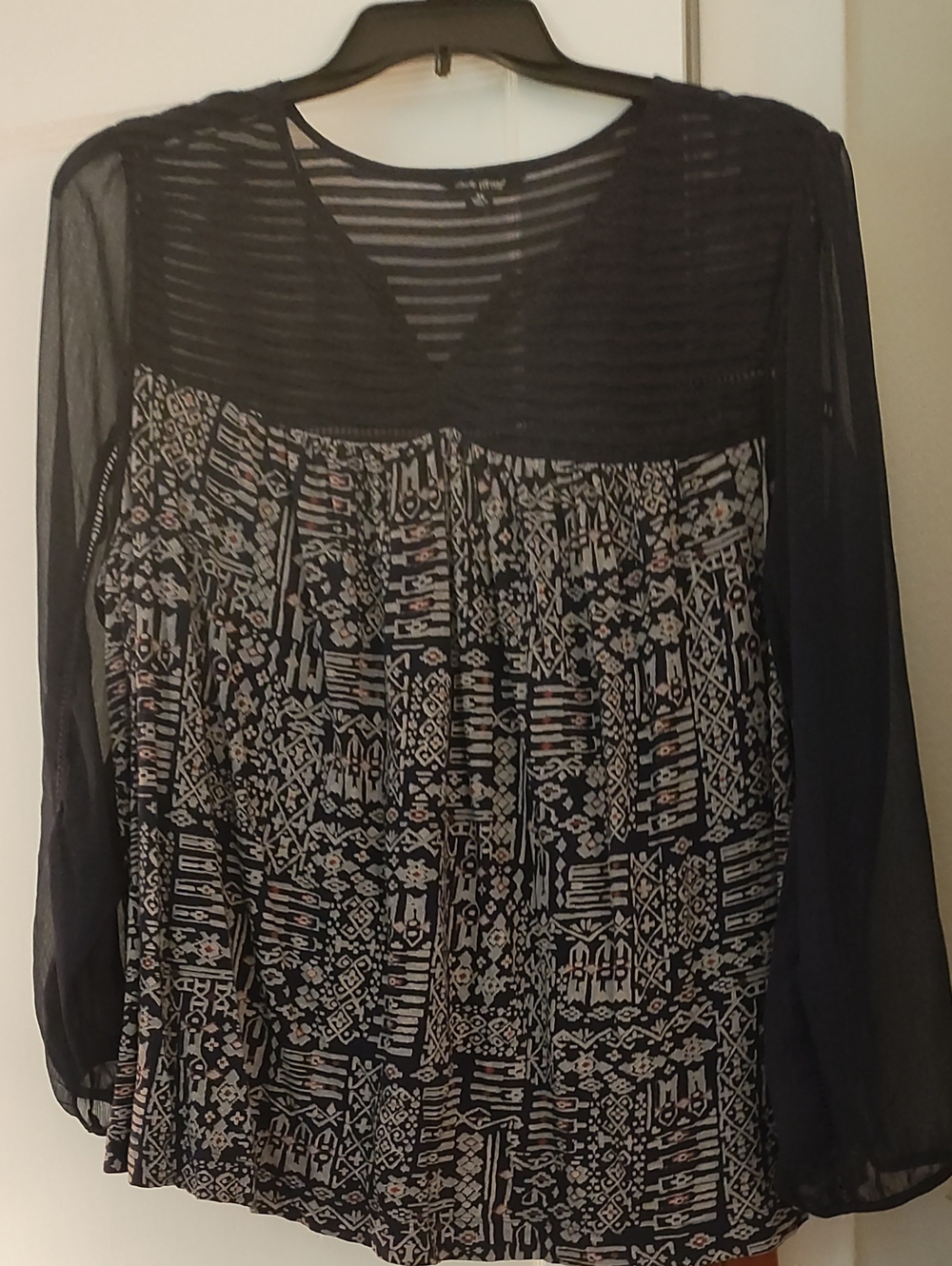 Lucky Brand Navy Patterned Mixed-Media Long-Sleeve Tunic